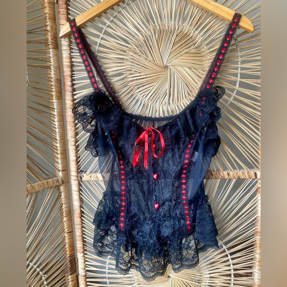 Vintage Black and Red Corset Style Lace Camisole Size M